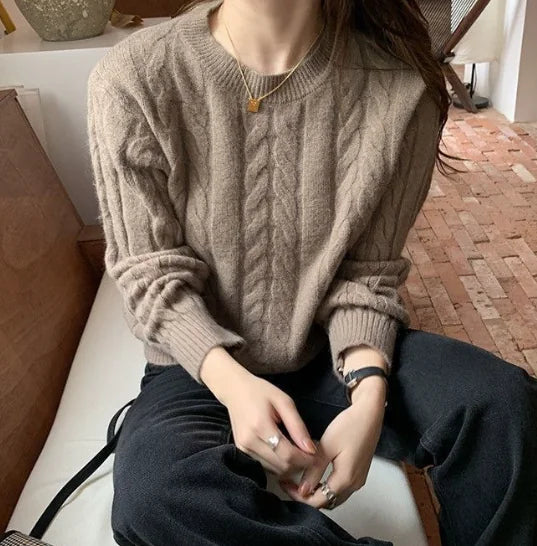 Women’s Vintage Chunky Knit Sweater – Soft Round Neck Autumn Pullover - Everlynk