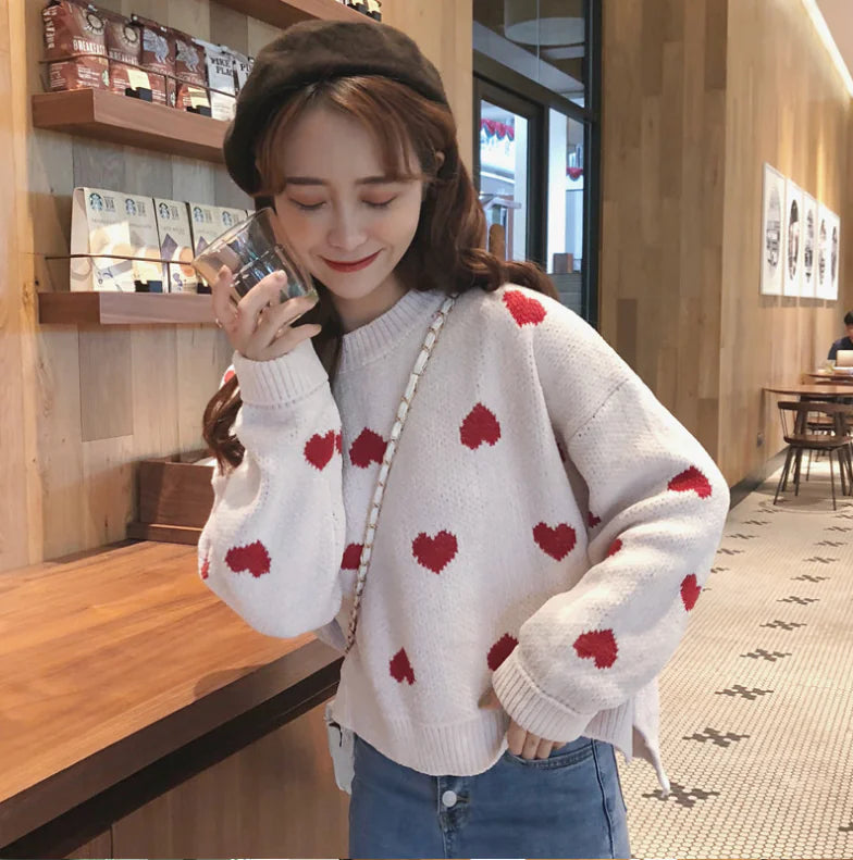 Loose Knit Heart Sweater – Cozy Women’s Fashion Pullover