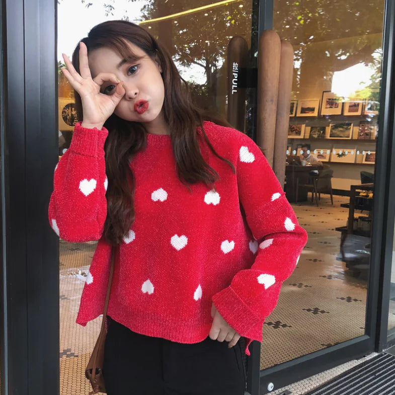 Loose Knit Heart Sweater – Cozy Women’s Fashion Pullover