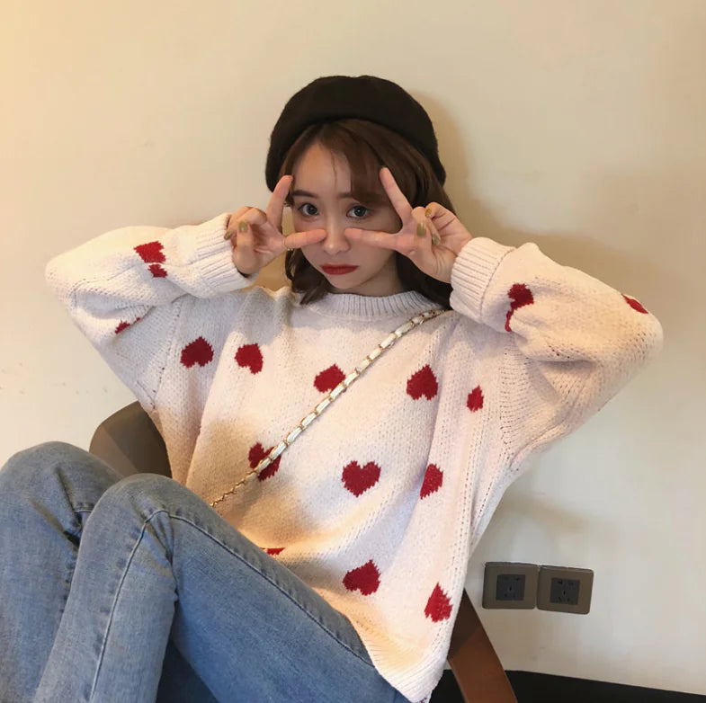 Loose Knit Heart Sweater – Cozy Women’s Fashion Pullover