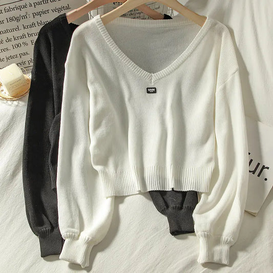 Loose-Fit V-Neck Knit Sweater for Women – Autumn Korean Fashion - Everlynk