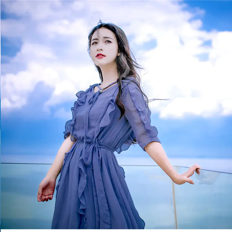 Bohemian Summer V-Neck Ruffle Chiffon Tie Dress – Elegant & Breezy