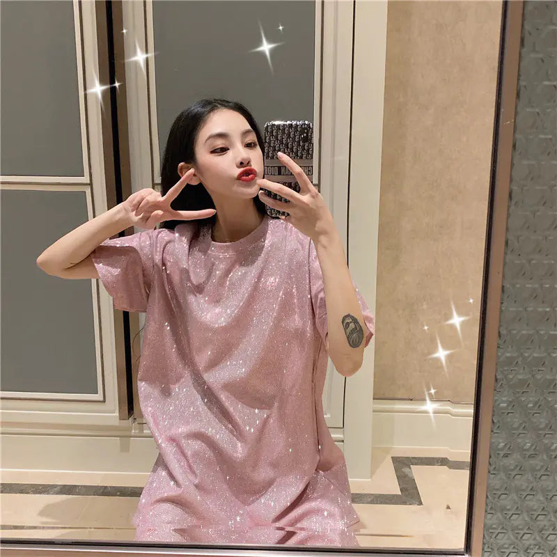 Long Sparkling Loose Fit T-Shirt – Elegant Shiny Silk Top for Women