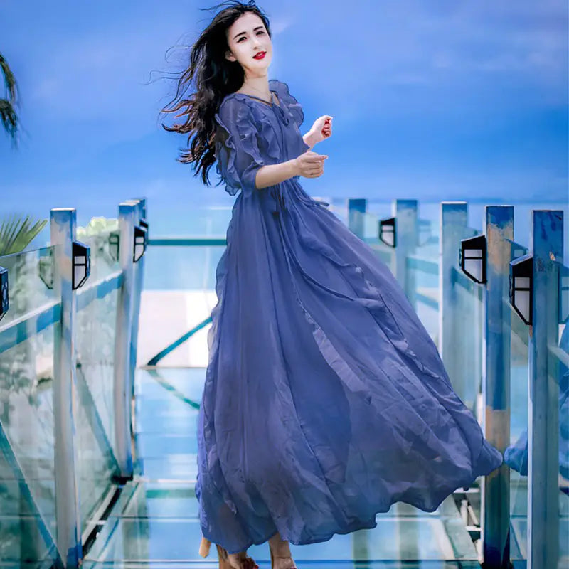 Bohemian Summer V-Neck Ruffle Chiffon Tie Dress – Elegant & Breezy