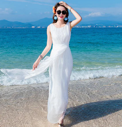 Slim Fitting White Silk Maxi Dress - Pure Elegance in Motion
