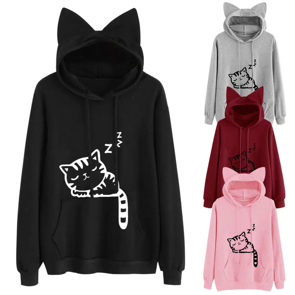 Cozy Loose Fleece Cat Print Hoodie for Women – Cute & Comfy