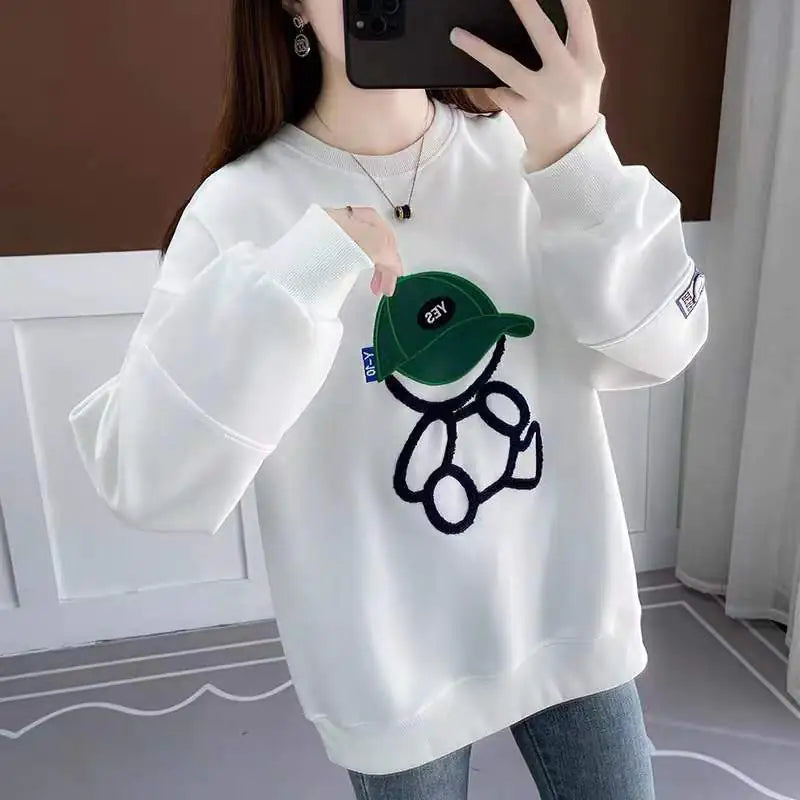 Casual Loose Cartoon Sweater – Cozy Round Neck Cotton Knit