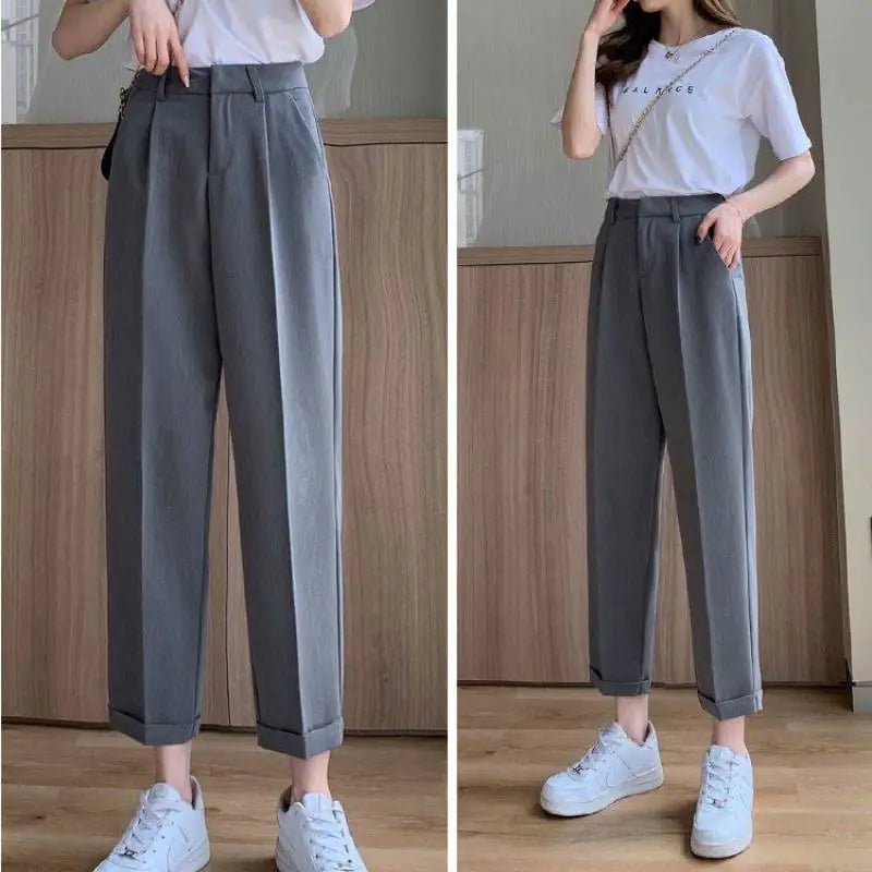 High-Waisted Gray Suit Trousers for Women — Effortless Autumn Elegance