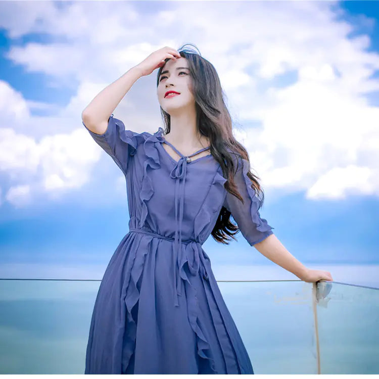 Bohemian Summer V-Neck Ruffle Chiffon Tie Dress – Elegant & Breezy