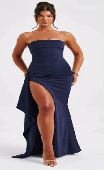 Strapless Asymmetrical High-Split Black Maxi Dress - Bold Elegance, Redefined