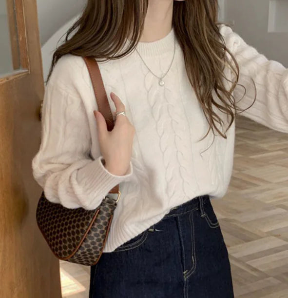 Women’s Vintage Chunky Knit Sweater – Soft Round Neck Autumn Pullover - Everlynk