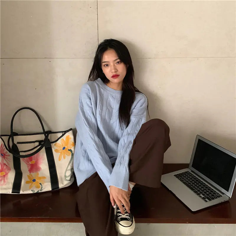 Women’s Vintage Chunky Knit Sweater – Soft Round Neck Autumn Pullover - Everlynk