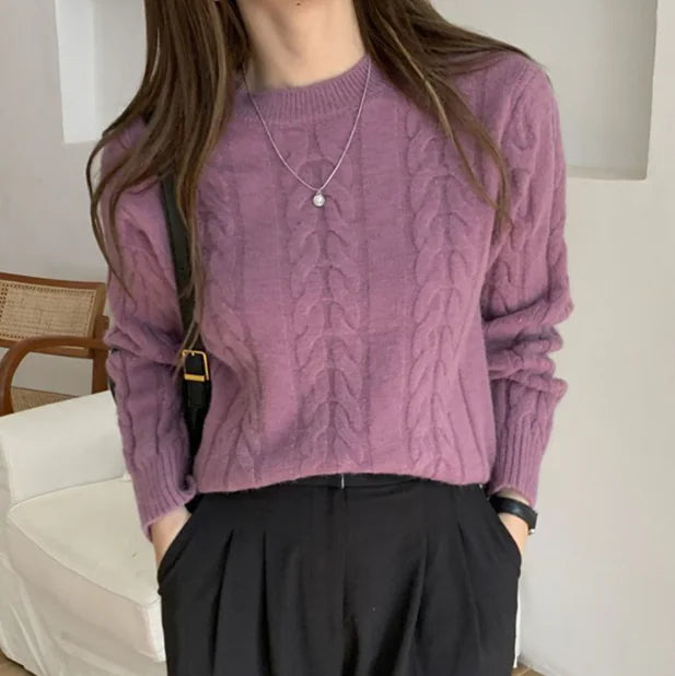 Women’s Vintage Chunky Knit Sweater – Soft Round Neck Autumn Pullover - Everlynk