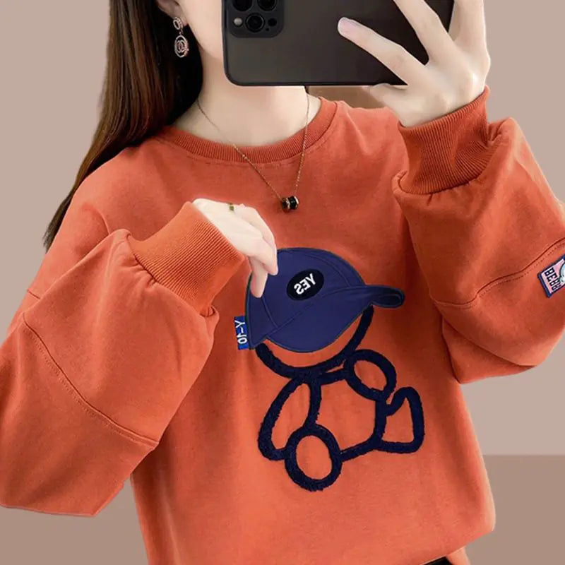 Casual Loose Cartoon Sweater – Cozy Round Neck Cotton Knit