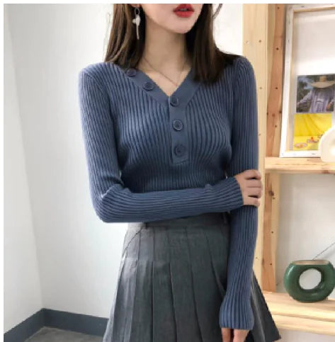 Candy Color V-Neck Button Knit Sweater for Fall/Winter - Everlynk