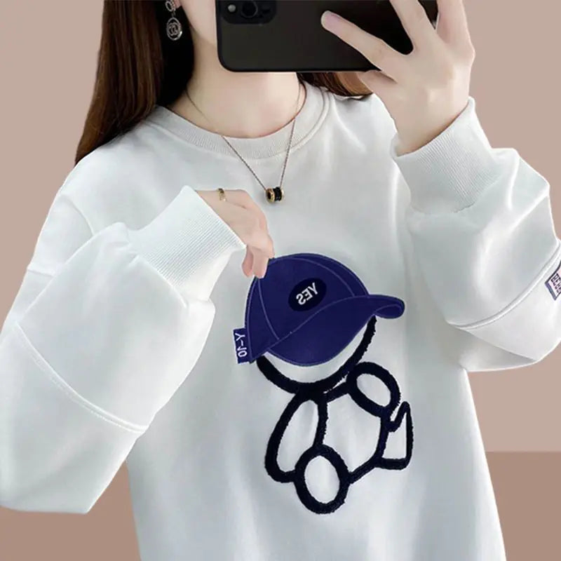 Casual Loose Cartoon Sweater – Cozy Round Neck Cotton Knit