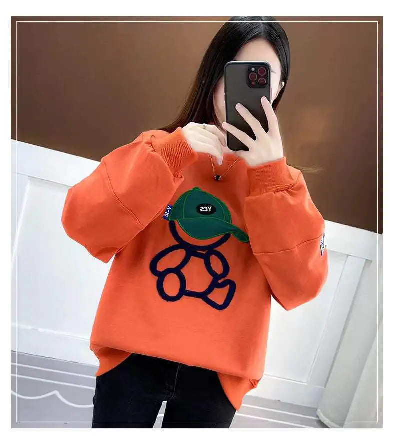 Casual Loose Cartoon Sweater – Cozy Round Neck Cotton Knit