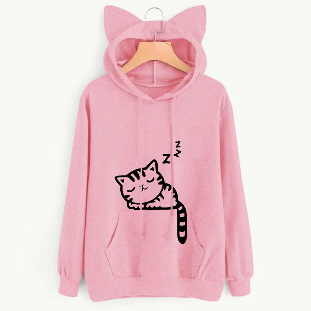 Cozy Loose Fleece Cat Print Hoodie for Women – Cute & Comfy