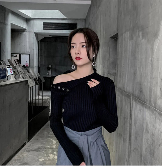 Women’s Knit Turtleneck Button-Up Top with Shoulder Cutouts – Chic, Elegant & Comfy - Everlynk