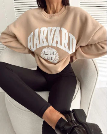 Cozy Chic Letter Print Patchwork Pullover – Stylish Long Sleeve Sweatshirt for Effortless Everyday Looks