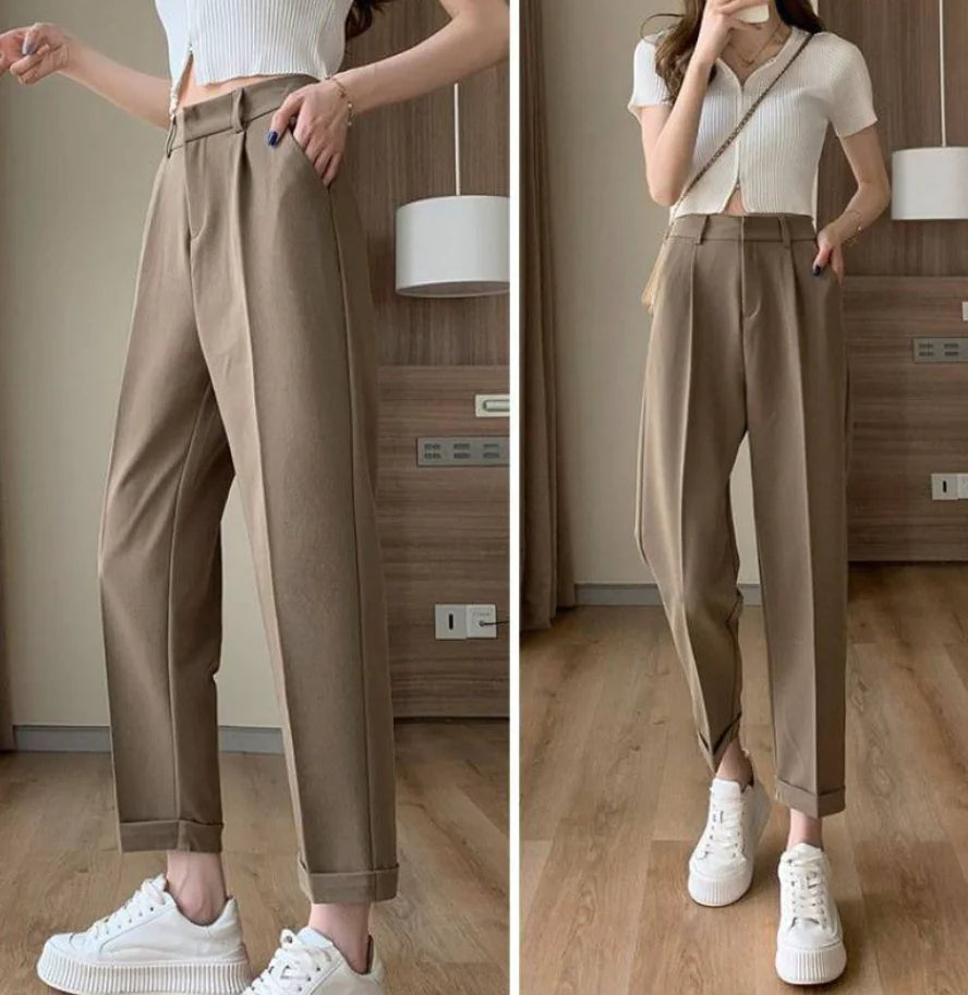 High-Waisted Gray Suit Trousers for Women — Effortless Autumn Elegance