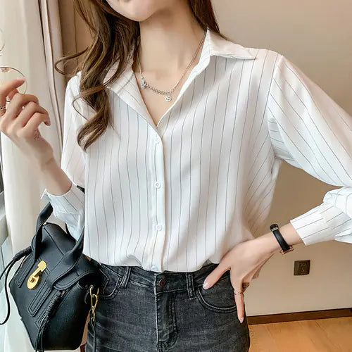 Simple Stripe Women’s Chiffon Shirt for Office Fashion