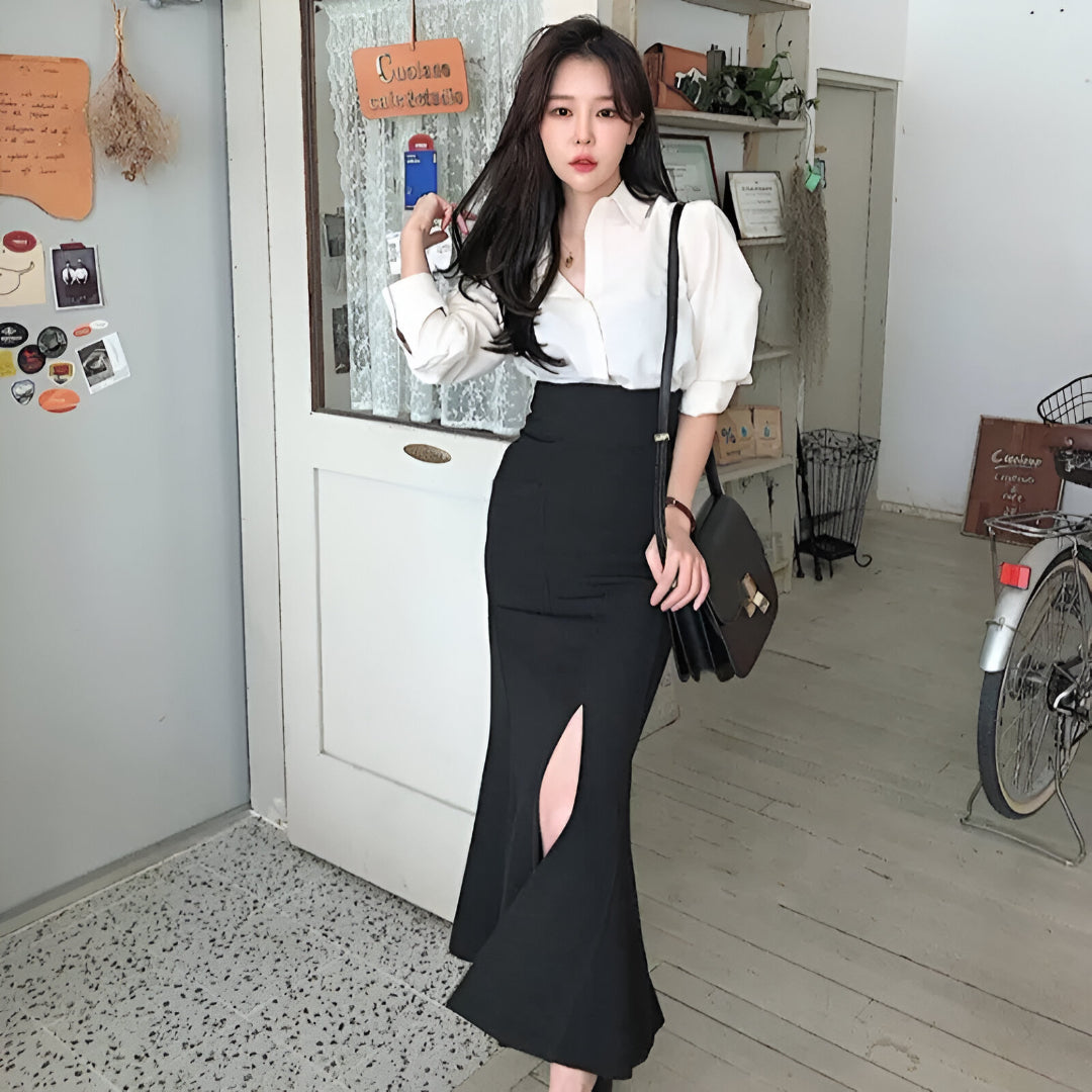 Elegant Shirt & High Waist Skirt Set – Autumn/Winter Chic