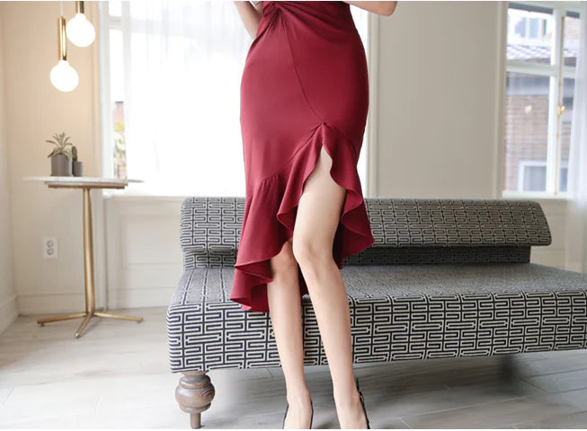 One-Shoulder Ruffle Hem Midi Dress with Fishtail – Modern Elegance