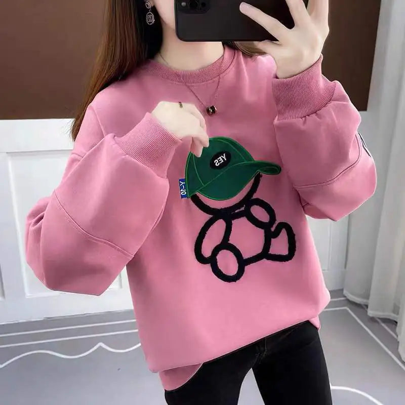 Casual Loose Cartoon Sweater – Cozy Round Neck Cotton Knit