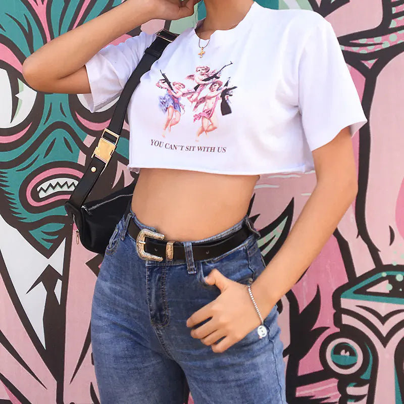 Angel Print Crop Top – Trendy Streetwear Graphic Tee for Women