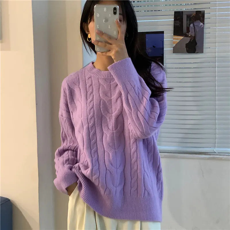 Women’s Vintage Chunky Knit Sweater – Soft Round Neck Autumn Pullover - Everlynk