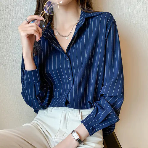 Simple Stripe Women’s Chiffon Shirt for Office Fashion