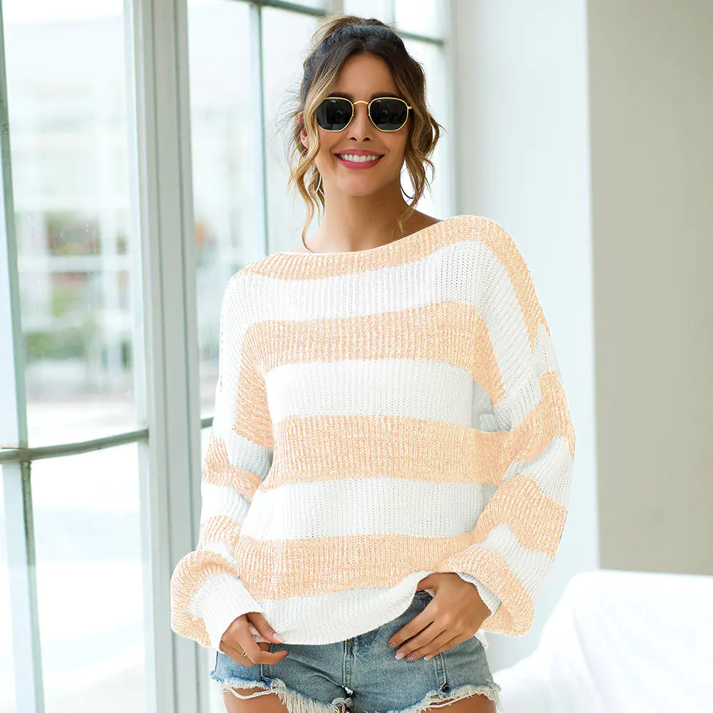 Striped Lantern Sleeve Knit Sweater | Cozy Oversized Women’s Pullover