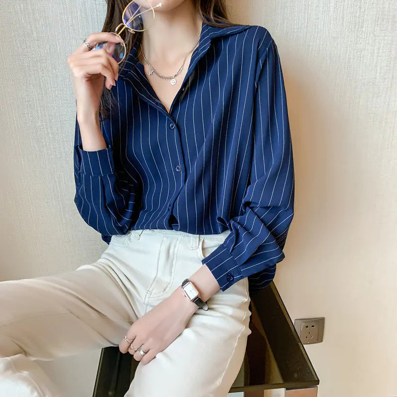 Simple Stripe Women’s Chiffon Shirt for Office Fashion