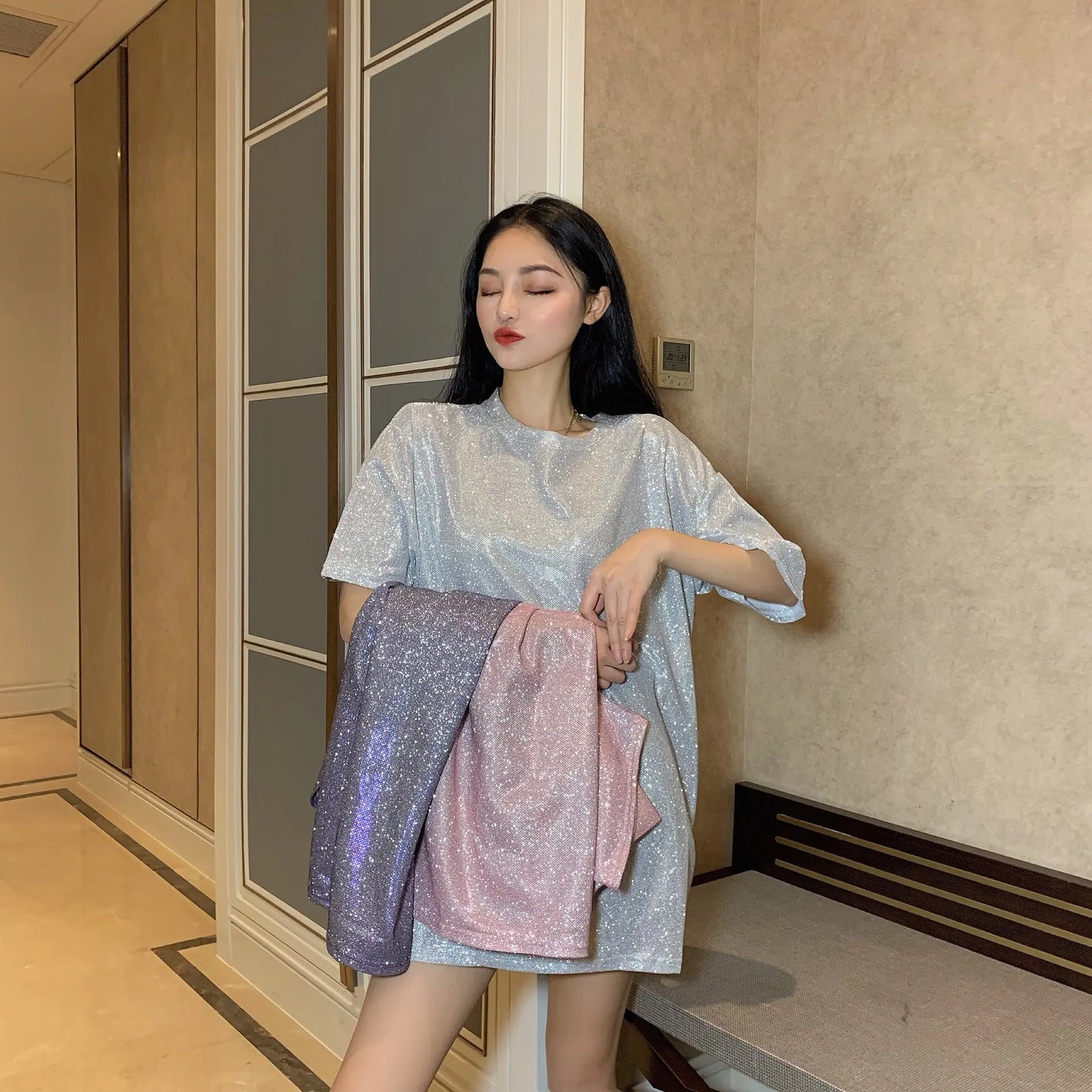 Long Sparkling Loose Fit T-Shirt – Elegant Shiny Silk Top for Women