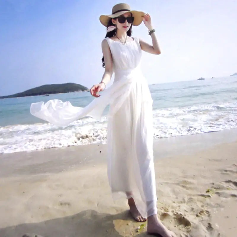Slim Fitting White Silk Maxi Dress - Pure Elegance in Motion