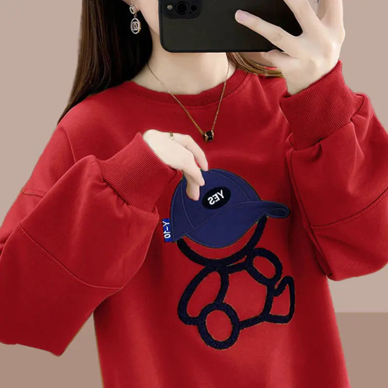 Casual Loose Cartoon Sweater – Cozy Round Neck Cotton Knit