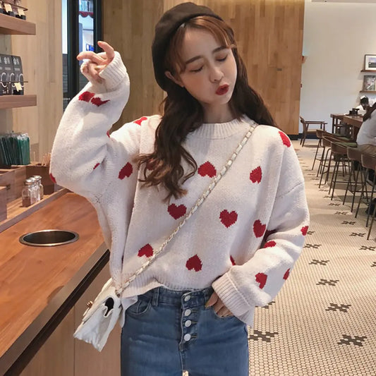 Loose Knit Heart Sweater – Cozy Women’s Fashion Pullover