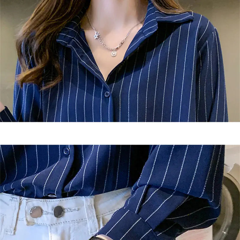 Simple Stripe Women’s Chiffon Shirt for Office Fashion