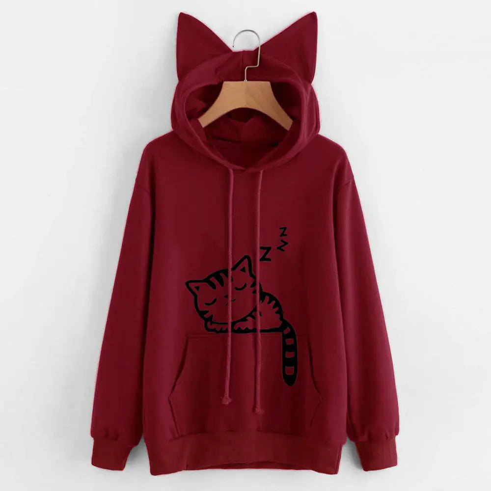 Cozy Loose Fleece Cat Print Hoodie for Women – Cute & Comfy