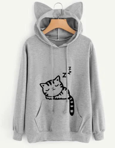 Cozy Loose Fleece Cat Print Hoodie for Women – Cute & Comfy