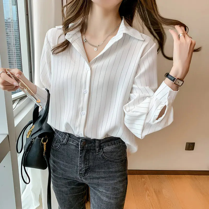 Simple Stripe Women’s Chiffon Shirt for Office Fashion