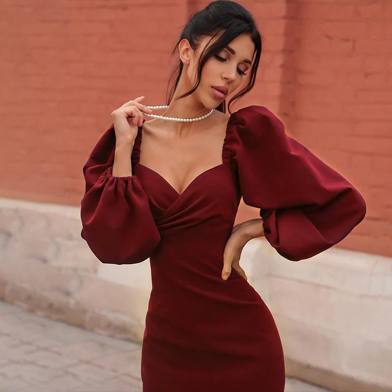 Low-Cut Midi Dress with Fluffy Sleeves – Classic Desire