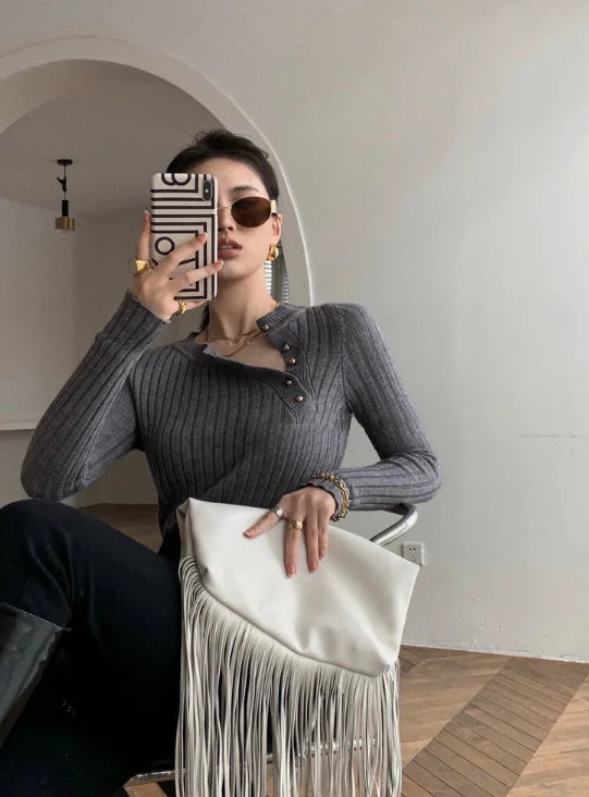 Women’s Knit Turtleneck Button-Up Top with Shoulder Cutouts – Chic, Elegant & Comfy - Everlynk