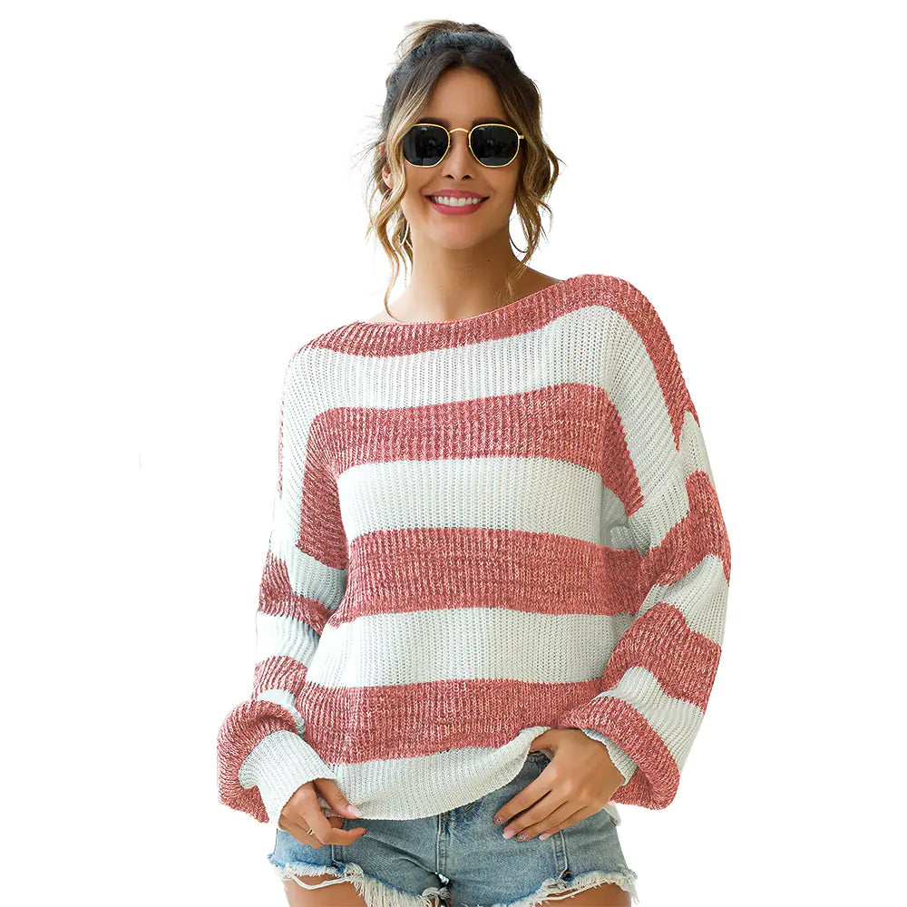 Striped Lantern Sleeve Knit Sweater | Cozy Oversized Women’s Pullover