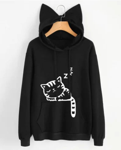 Cozy Loose Fleece Cat Print Hoodie for Women – Cute & Comfy