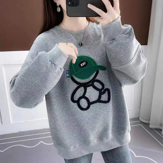 Casual Loose Cartoon Sweater – Cozy Round Neck Cotton Knit