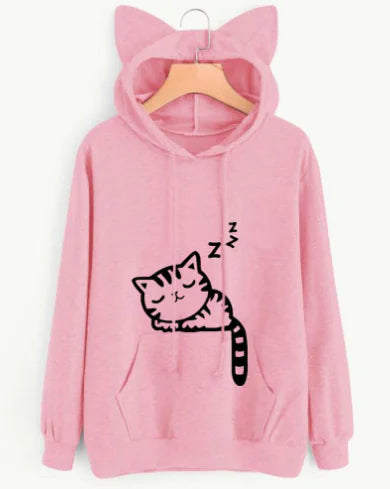 Cozy Loose Fleece Cat Print Hoodie for Women – Cute & Comfy
