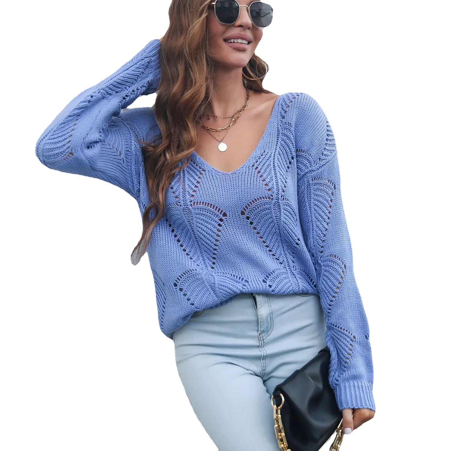 Hollow Leaf V-Neck Long Sleeve Knit Sweater for Women – Elegant Autumn Charm - Everlynk