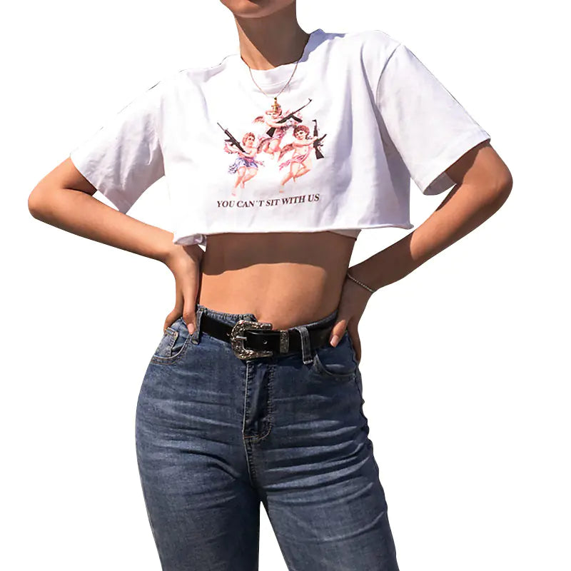 Angel Print Crop Top – Trendy Streetwear Graphic Tee for Women
